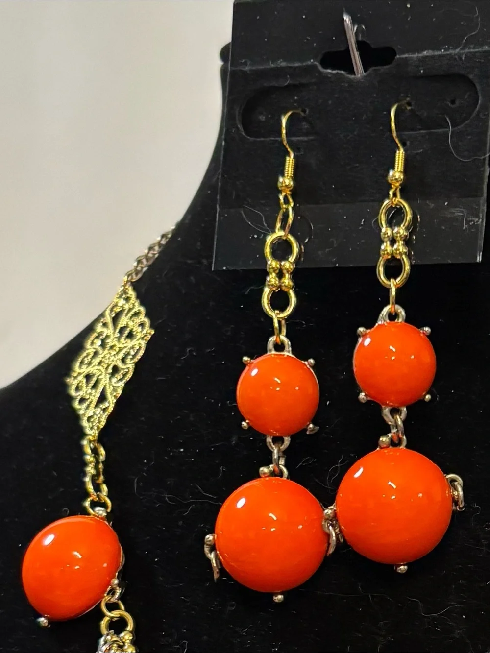 Gold-Tone and Bright Orange Drop Earrings and Necklace Set